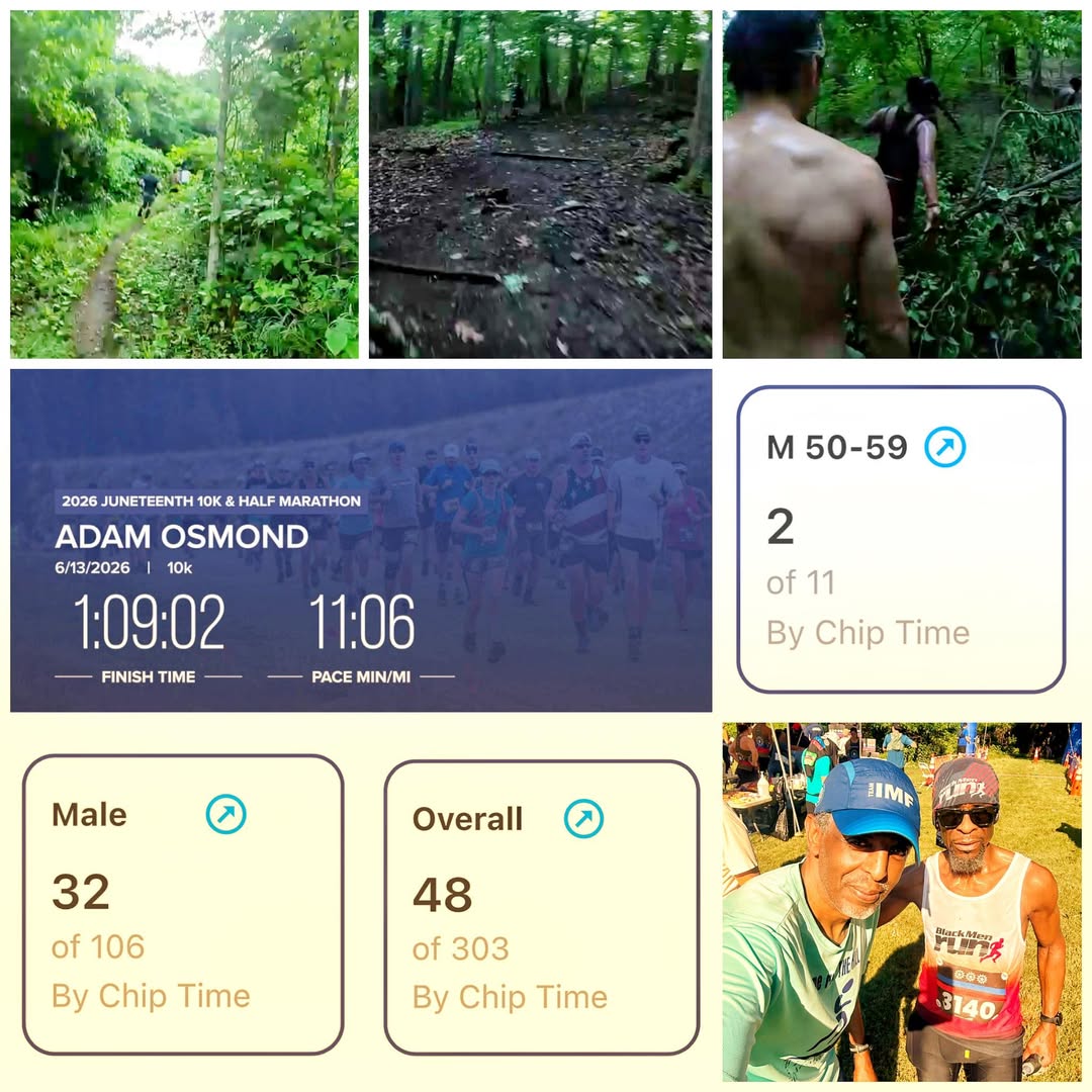 Adam Osmond at the 2026 Juneteenth 10K with the Black Men Run DC chapter, with GoPro trail footage and his RunSignup result card: 1:09:02 finish, 48th of 303 overall, 2nd in M 50-59