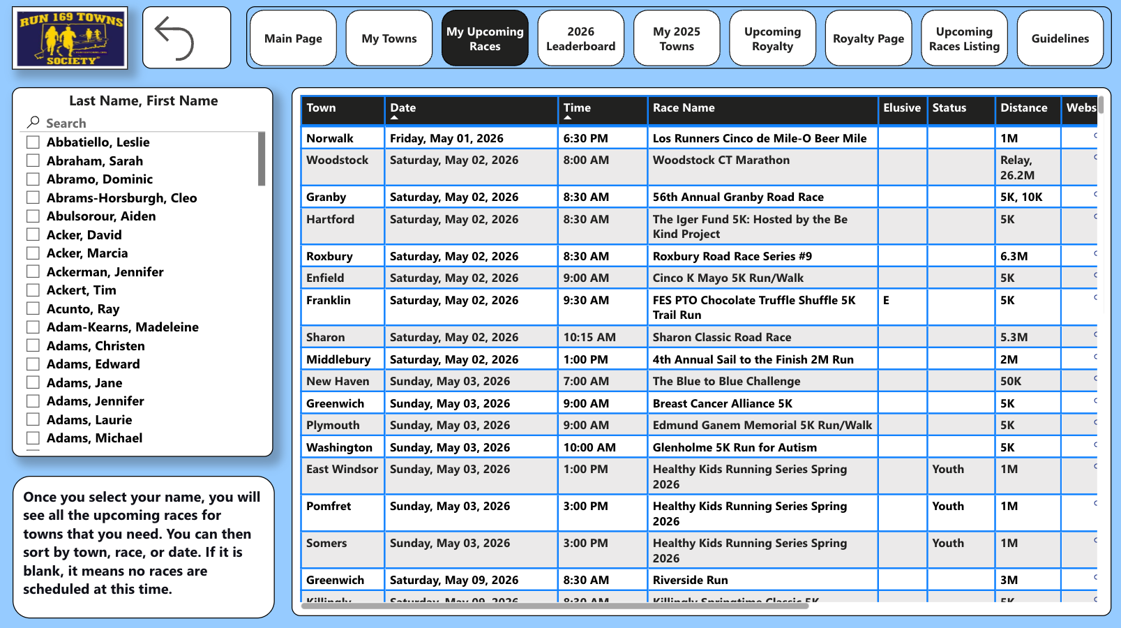 My Upcoming Races - personalized race calendar for needed towns
